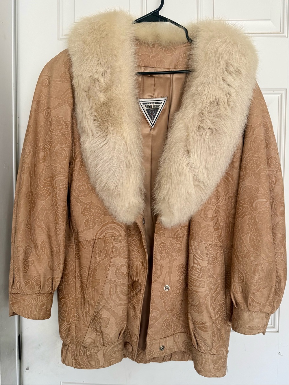Vintage J. Percy for Marvin Richards Embossed Paisley Leather Jacket Fox Fur S